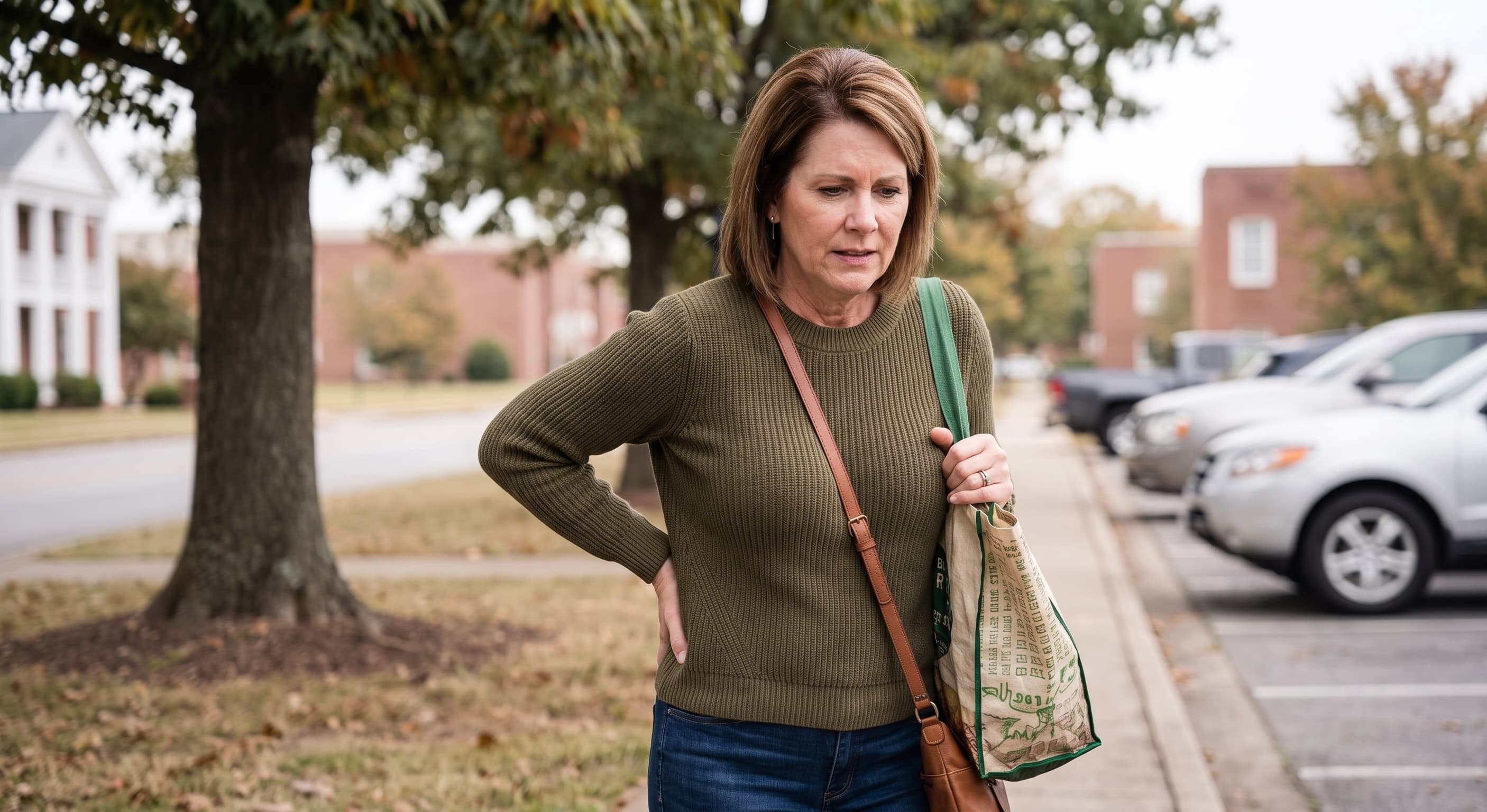 Woman with low back pain carrying a grocery bag